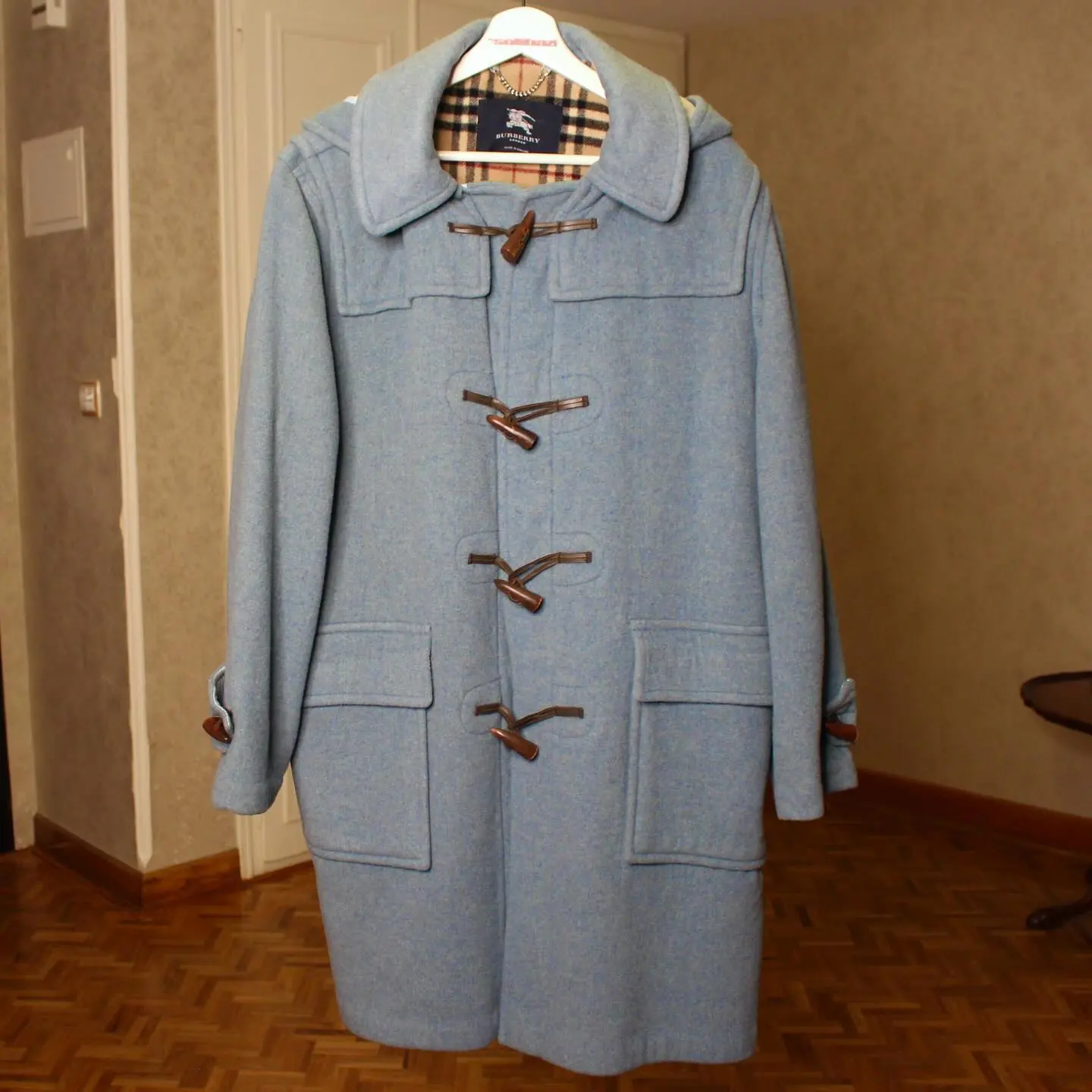 Burberry Men’s dusty blue and Burberry checkered pattern lining Duffle Coat, view 3 of 8