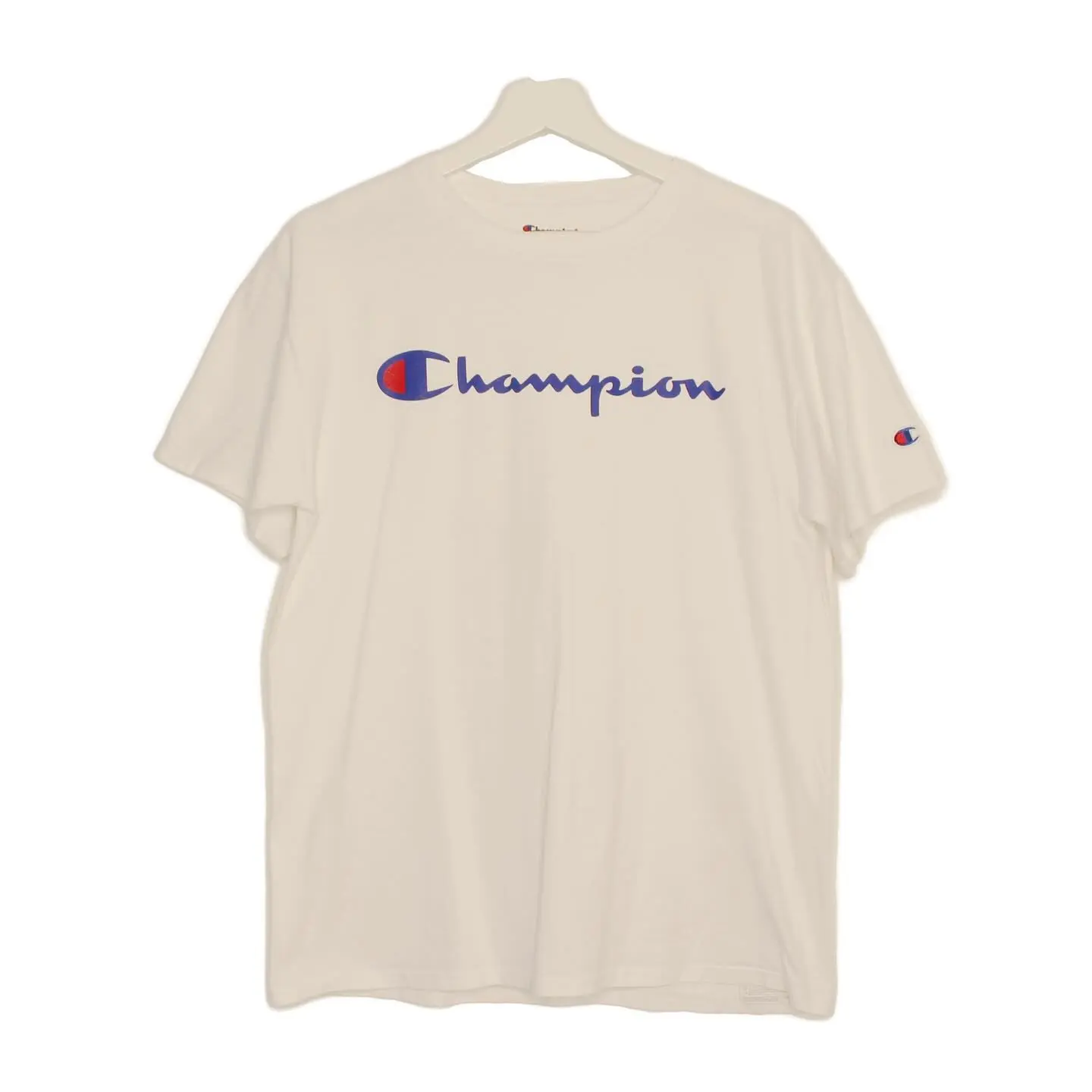 Vintage Champion T-Shirt Mens Medium White Crew Neck Short Print Logo, view 1 of 2
