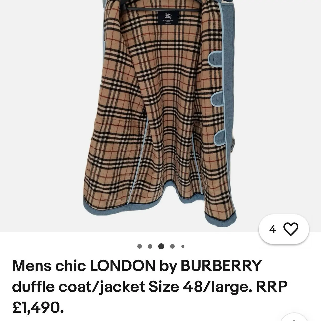 Burberry Men’s dusty blue and Burberry checkered pattern lining Duffle Coat, view 8 of 8